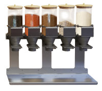 5 x food dispensers Ø15 cm x 30 cm with wall brackets including collecting tray